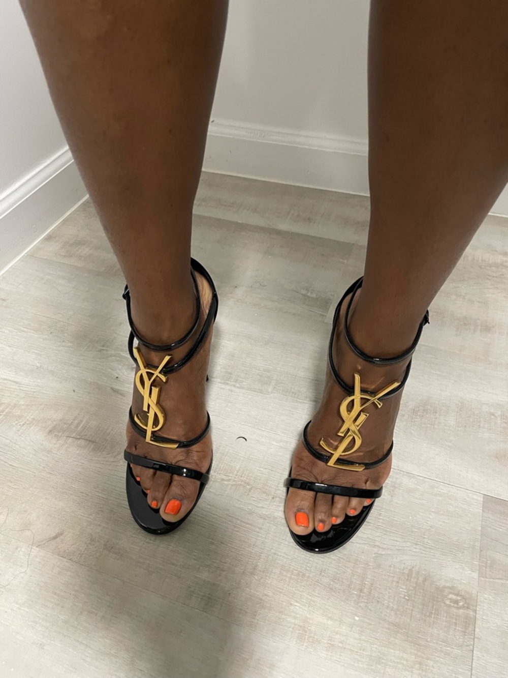 Saint Laurent Black Patent Leather Cassandra Stiletto Sandals with Gold YSL Embl